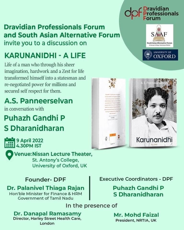 puhazh_gandhi's tweet photo. DPF@Oxford. Discussion on ‘Karunanidhi- A Life’ on April 09, 2022, Sat- 4.30 PM at St. Antony’s College, Oxford University, UK ⁦@ptrmadurai⁩ ⁦@CMOTamilnadu⁩ ⁦@DMKITwing⁩ ⁦@DMKNRIWing⁩ ⁦@CholamandalPann⁩ ⁦@TRBRajaa⁩ ⁦@pudugaiabdulla⁩ ⁦ https://t.co/cHpogUTLts