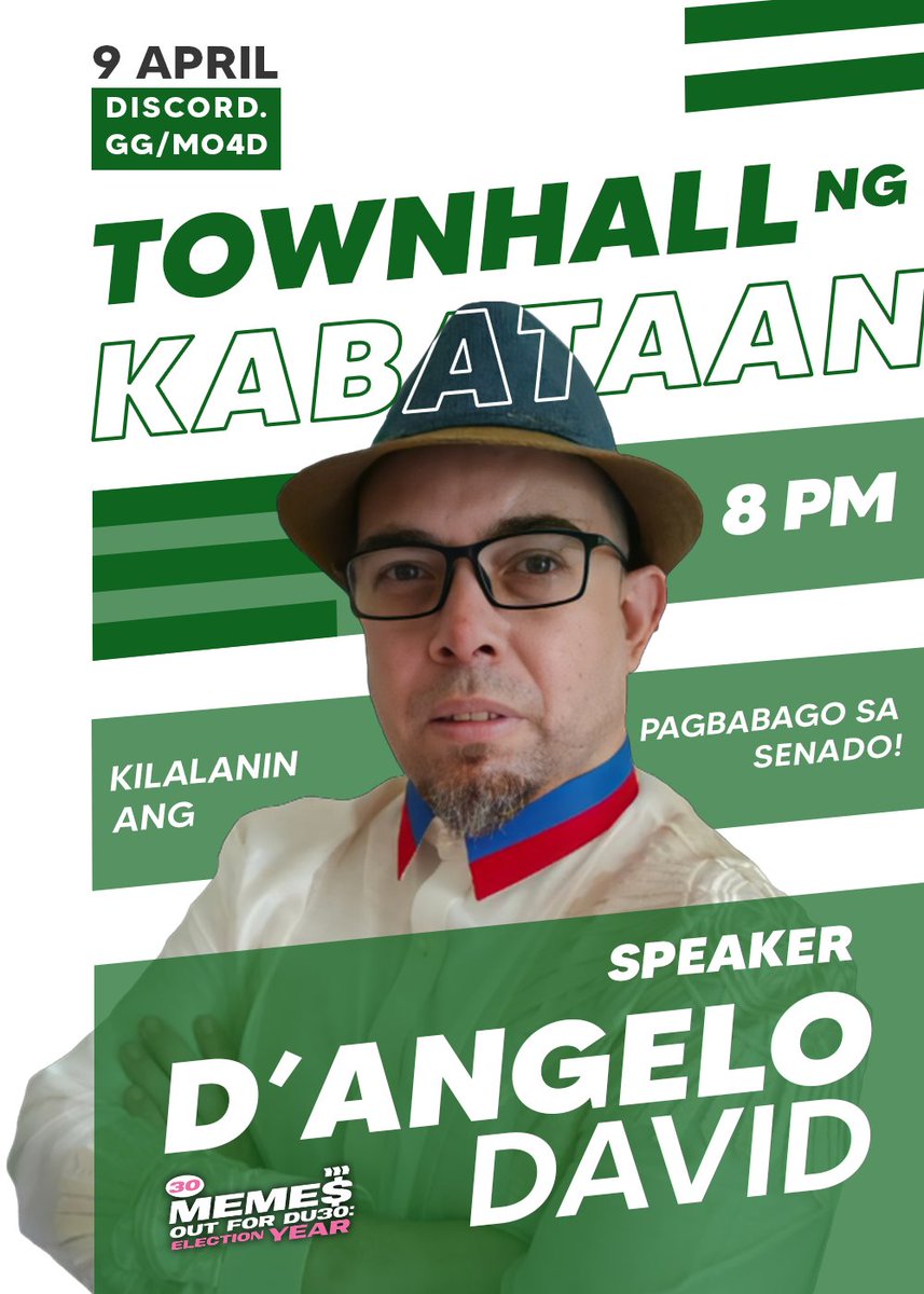 _mo4d_'s tweet photo. Inihahandog ng meme$ out 4 du30 election year ang Town Hall ng Kabataan kung saan kakausapin natin ang ating mga senatoriables tungkol sa kanilang mga plataporma at mga plano para sa kabataan.

Sa unang series, makakasama natin si Senatorial bet @daviddangeloph https://t.co/3sSYvbYvOB