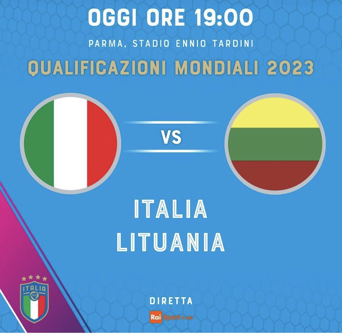 SaraMeini's tweet photo. In diretta dalle 18.50 su Raisport.
#Nazionale 🇮🇹
🇮🇹 #ItaliaLituania 🇱🇹
⏱ Oggi, ore 19.00
🏟 ‘Ennio Tardini’, #Parma
⚽️ Qualificazioni Mondiali 2023
📺 #Raisport
#FIFAWWC #ITALIT
#Azzurre #VivoAzzurro https://t.co/QoWX2jVYZU