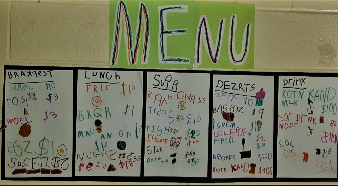 Who wouldn't want to try out this great restaurant with these awesome servers and such a yummy, reasonably priced (😂) menu? #learningthroughplay #writingthroughplay #Kindergarten <a href="/Elwoodelementar/">Elwood Elementary</a> <a href="/NLESDCA/">NLESD</a>