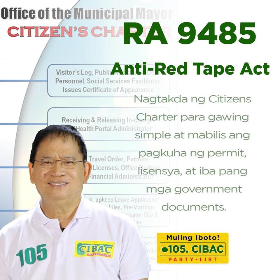 CIBAC_PartyList's tweet photo. Ang Anti-Red Tape Act ay #TatakCIBAC rin! Ito ay isinulong natin para maiwasan ang korapsyon at masigurado ang maayos na pamamahala ng ating gobyerno.

Marami pa po kaming gustong gawin kaya samahan niyo kaming ibalik ang CIBAC Party-List sa Kongreso ngayong Mayo.

#105CIBAC https://t.co/gaQD3lfQxz