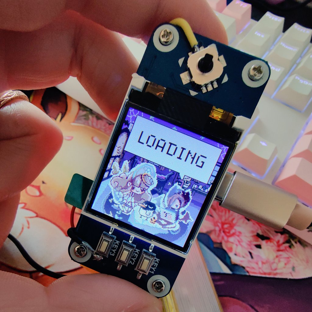 LapinsRose's tweet photo. Loading screen for Geminitchi! We couldn't add the full animation I drew out before so this is a still frame. When adding the full animation pi zero lags when loading the device so it skips scenes and doesn't  show the animation fully. #tamagotchi #angelgotchi #devilgotchi https://t.co/jP8HE0pCH0