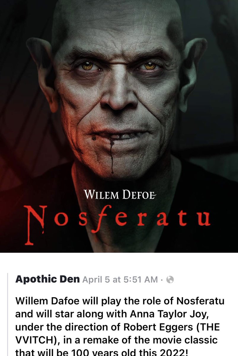 JamesLawicki's tweet photo. @spex76com @HorrorNHaunted Are you aware of this? Who could be a better Nosferatu than Willem Dafoe?? 🦇🦇🦇 As a matter of fact, I wish he would have played Barlow himself in the 2022 ‘Salem’s Lot. ✌🏻 https://t.co/uwFL65rcDi