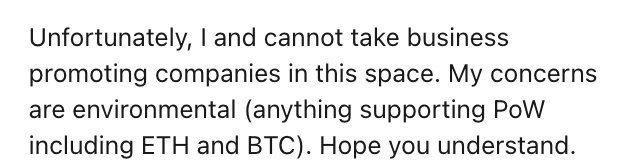 When I am saying I personally am not promoting or benefitting from crypto - PoW of any kind - I mean it.

Updated my job board terms to reflect this. Said no to a fiat-to-crypto company wanting to post several ads.

I personally do not support the environmental impact of PoW.