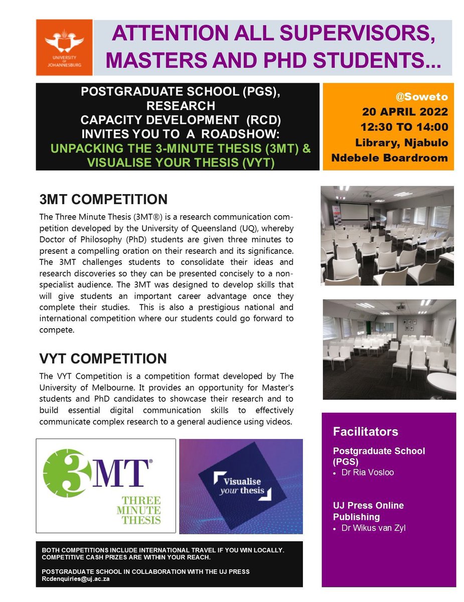 UJPGFORUM's tweet photo. ATTENTION ALL SUPERVISORS, MASTERS &amp; PHD STUDENTS!
The #UJPostgraduateSchool Research Capacity Development invites you to a roadshow, unpacking 
12 April 2022
13h00 - 14h30
Doornfontein Campus Library, Nuruddin Farah Auditorium, UJ https://t.co/o0zXsUttV4