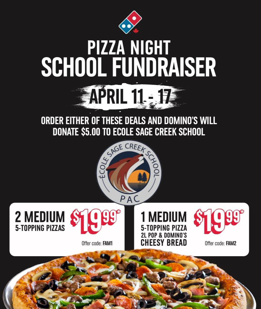 SageCreekPAC's tweet photo. For the week of April 11-17, use codes FAM1 and FAM2 to order these delicious deals from Dominos, and $5 will be donated to รSCS!
#SageCreekLRSD #ESCSgenerosity
@SageCreekLRSD
FAM1:
https://t.co/caxPFEskNa
FAM2:
https://t.co/8Nio5twmqP https://t.co/KFRQZFp1Em