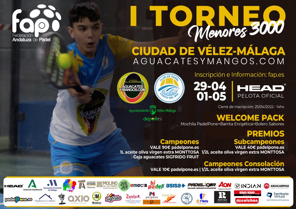 📢 Llega I Torneo Menores 3000 Ciudad de Vélez-Málaga. 
🟢⚪️🟢
💪Con el apoyo del Ayto. de Vélez-Málaga, Aguacatesymangos.com y Padelpone.es
📅29/4 - 1/5
📍Parque María Zambrano
📝Info e inscripciones: bit.ly/3r8qWBe

#FAP #SomosFAP #padel #Malaga