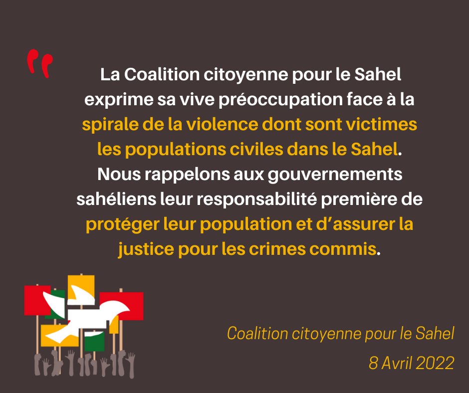 SFCG_EU's tweet photo. Déclaration de la #CoalitionCitoyenne pour le #Sahel,  saluant la décision de la justice militaire malienne d'enquêter sur les allégations d'exactions à #Moura et demandant la fin du cercle vicieux de la violence et de l'impunité dans la région.

À lire ➡️https://t.co/QqXiz4Towx https://t.co/l8MHK3BGpJ