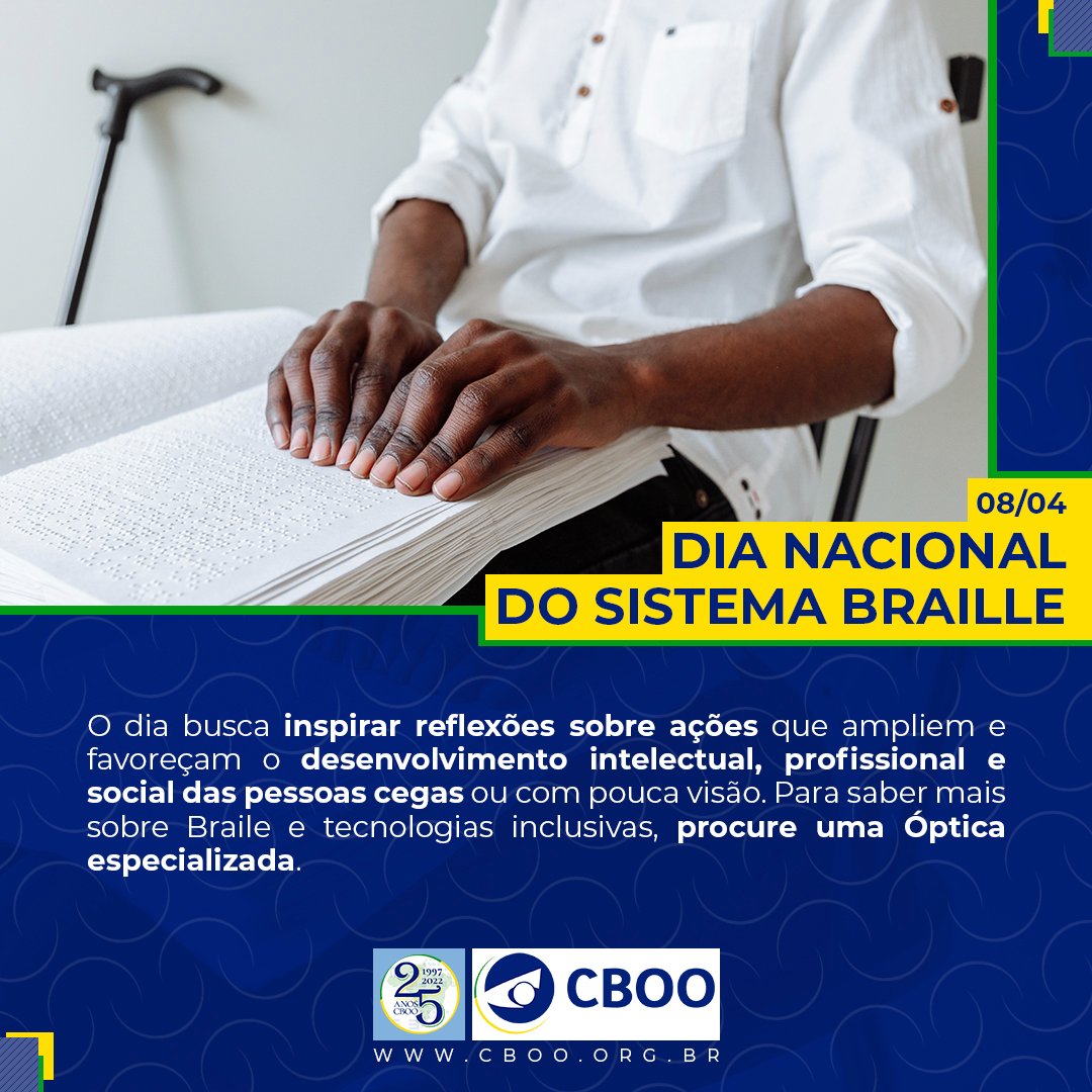 O dia busca inspirar reflexões sobre ações que ampliem e favoreçam o desenvolvimento intelectual, profissional e social das pessoas cegas ou com pouca visão. Para saber mais sobre Braile e tecnologias inclusivas, procure uma Óptica especializada

#braille #optica #cboo
