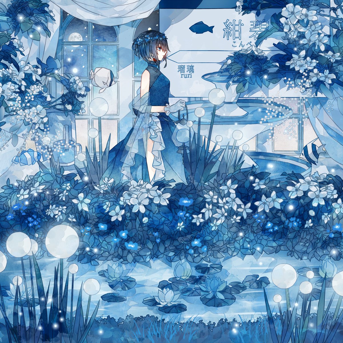 1girl flower solo dress blue theme gloves short hair  illustration images