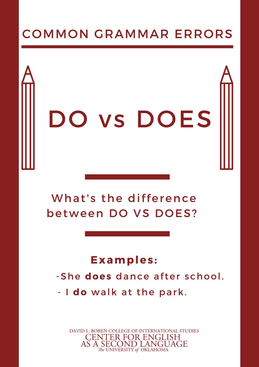 Happy Friday!
Once again It's time for our common grammar errors of the week.
Today, we're focusing on the difference between DO VS DOES.
#oucesl #internationalstudents