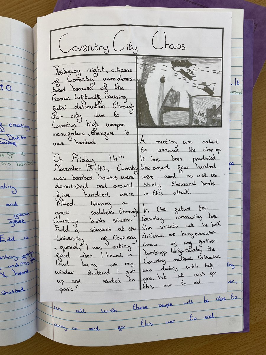 StMichaels_CE's tweet photo. Fantastic newspaper report writing from Eagle Class over the past two weeks! We enjoyed learning about the bombing of Coventry during the Blitz and then producing these 🙌 https://t.co/nnya2o8Ctd