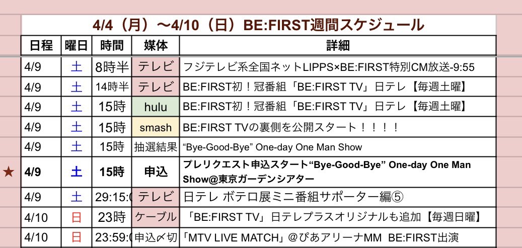 まぁこ Be First週間スケジュール 4 9 土 Befirst スケジュール 8 30 9 55 フジテレビlipps特別cm 14 30 Be First Tv Be First Sky Hi To The First 15 00 Hulu 放送 15 00 Smash 裏側 15 00 ワンマン昼公演architect Besty抽選 まぁこ Be First週間スケジュール 4 9 土 Befirst スケジュール 8 30 9 55 フジテレビlipps特別cm 14 30 Be First Tv Be First Sky Hi To The First 15 00 Hulu 放送 15 00 Smash 裏側 15 00 ワンマン昼公演architect Besty抽選