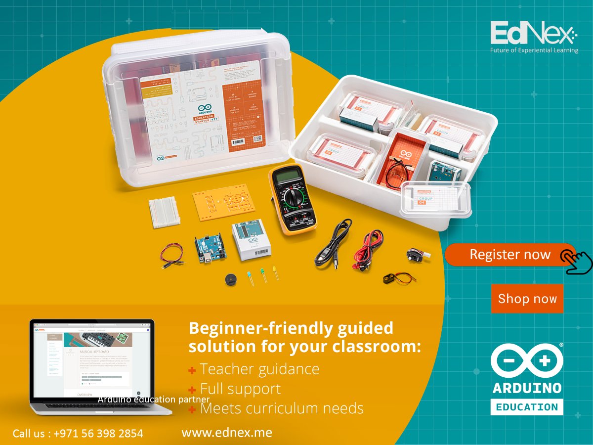 EdnexL's tweet image. Learners gain teacher training and certification for #ArduinoEducation products through #EdNex.
RegisterNow: zfrmz.com/3GQ2emN7yZK2kb…
#arduinoeducation #ednex #teachstemtodaytomorrow #steam #stem #stemeducation #steamlearning #robotics #coding #virtual #starterkit #education #kit