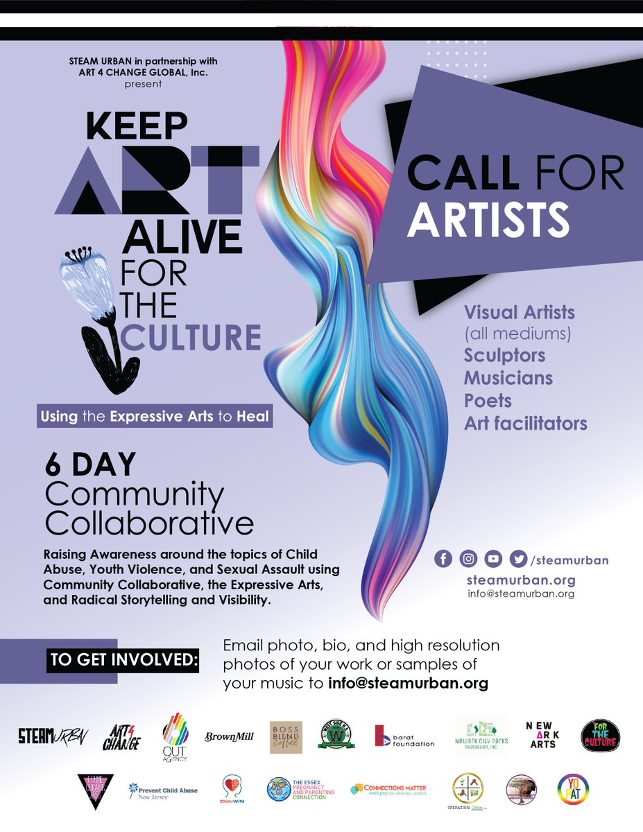 newark_arts's tweet photo. CALL FOR ARTISTS: STEAM URBAN in partnership with Art 4 Change Global, Inc. presents Keep Art Alive! For the Culture (April 25th-30th) 
“Using the Expressive Arts to Heal” 
Deadline: April 15th
https://t.co/u9C50LatUp
#NewarkArts https://t.co/S6Y6a9bJVo