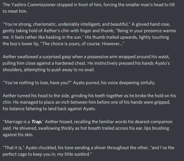 FlowerofFira's tweet photo. Do you guys remember my very first Ayatother snippet based off the song "My Little Songbird" from Hadestown?
Yeah I rewrote it and I like this one better.
TW: Possessive Behavior. Forced/Manipulated Marriage (ish)
#AyatoAether #Ayatother https://t.co/sCRFQVmUCv