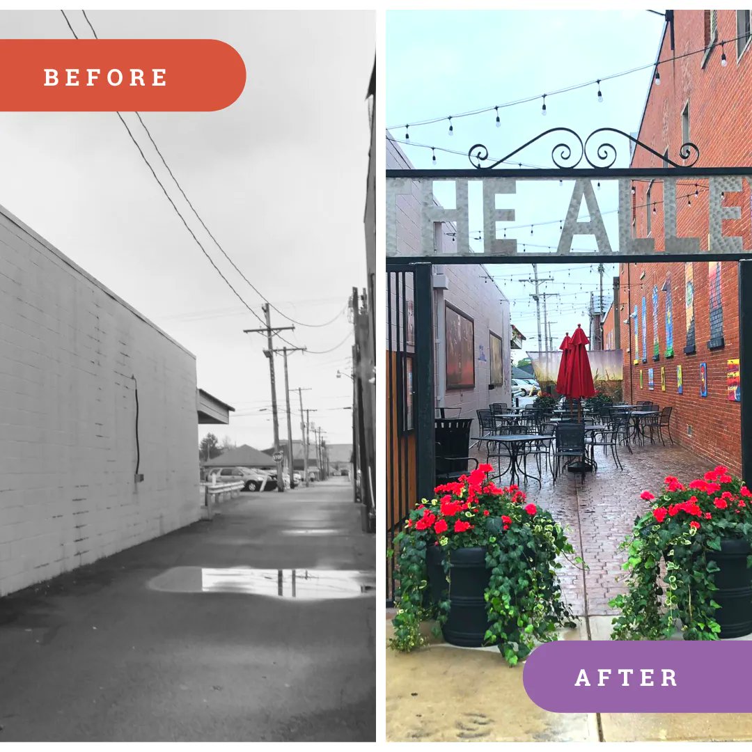 Patronicity's tweet image. The community of Tipton, Indiana came together to crowdfund the redevelopment of a downtown alleyway into an exciting community gathering space. The alley now provides an engaging gathering place for residents and visitors to enjoy downtown! #BeforeAndAfter @IHCDA
