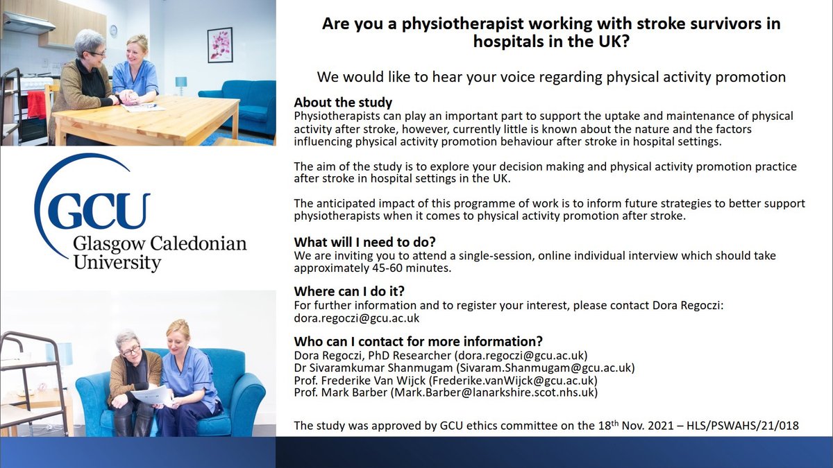 Looking for physiotherapists working with stroke patients - Help our research by sharing your experiences and views on physical activity promotion Get in touch if you are interested: dora.regoczi@gcu.ac.uk #strokeresearch #physiotherapy