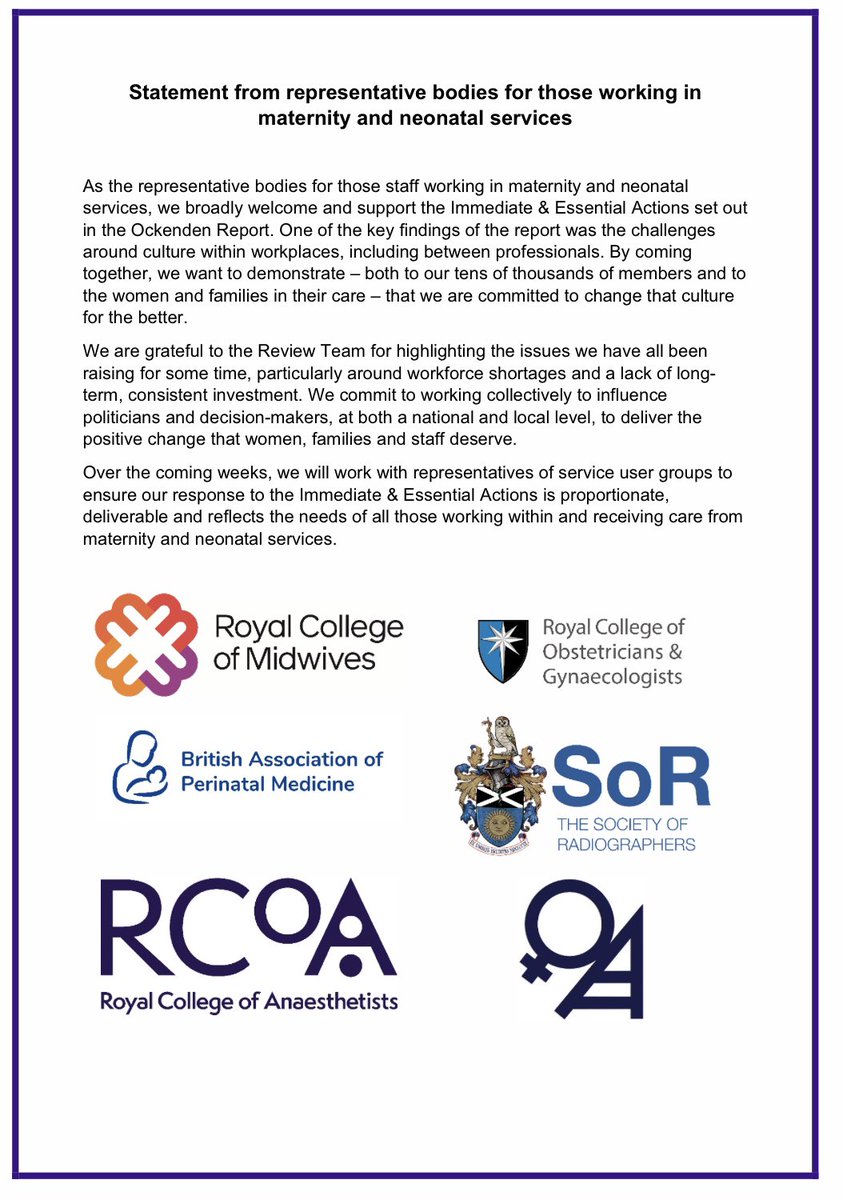 A joint statement from professional bodies who care for pregnant women following the publication of the #ockendenreport @DOckendenLtd @OAAinfo @RCoANews @RCObsGyn @MidwivesRCM @BAPM_Official @SCoRMembers