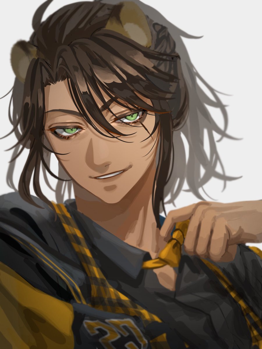 1boy male focus animal ears dark-skinned male green eyes solo dark skin  illustration images