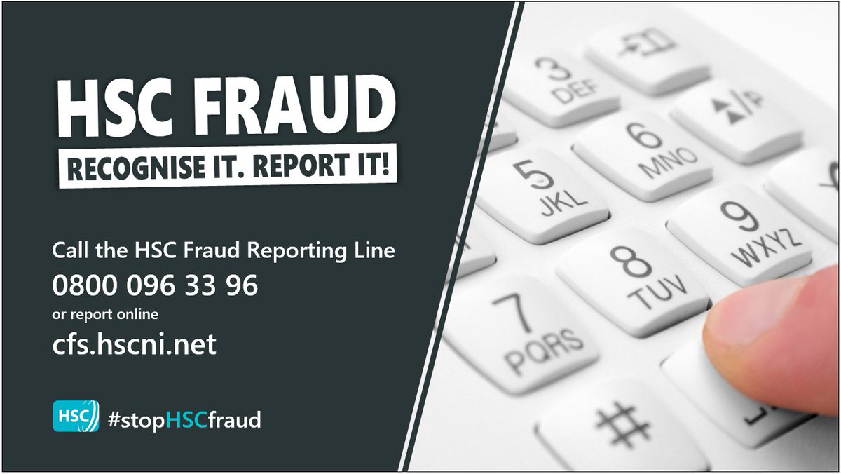 bsocfs's tweet photo. Every pound lost to #HSCfraud means less money to spend on important services and patient care.
If you suspect fraud against Health and Social Care in Northern Ireland please call 0800 096 33 96 or report online at https://t.co/wUNV7JfIpw
Together we can #stopHSCfraud https://t.co/20NIbiMsnE