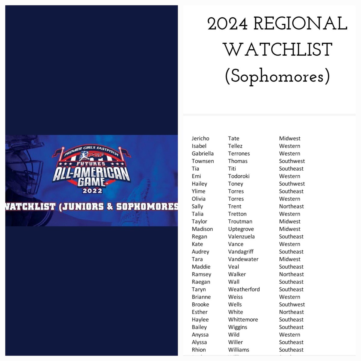Honored &amp; Humbled to be included in the PGF Futures All American Games Watchlist Sophomore c/o 2024. Thank You <a href="/PGFnetwork/">PGF</a> and Congratulations to my <a href="/d1vision_sb/">D1VISION Softball</a> teammates as well!!