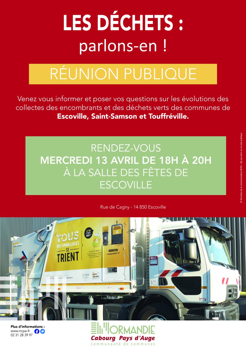 NCPA_Normandie's tweet photo. [RÉUNION PUBLIQUE - RAPPEL]
Rendez-vous ce soir à #escoville pour poser toutes vos questions sur les évolutions de collecte sur notre territoire ♻
Pour les habitants de #escoville #saintsamson et #touffreville https://t.co/PqF4Q7Zb0b