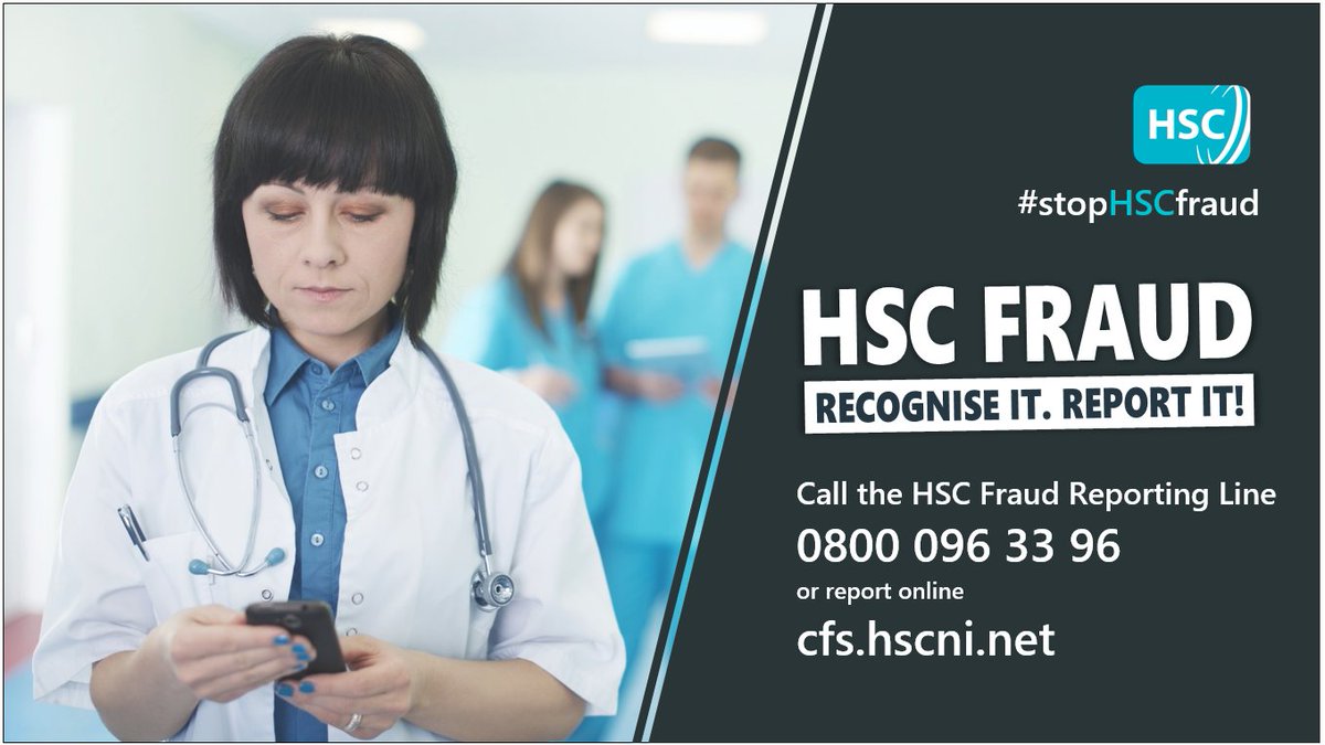 bsocfs's tweet photo. Do you have a concern about fraud against Health and Social Care?

For advice, guidance or to report suspected fraud you can contact your organisation's Fraud Liaison Officer or the counter fraud team at the Business Services Organisation.

Together we can #stopHSCfraud https://t.co/ig9lnABmdN