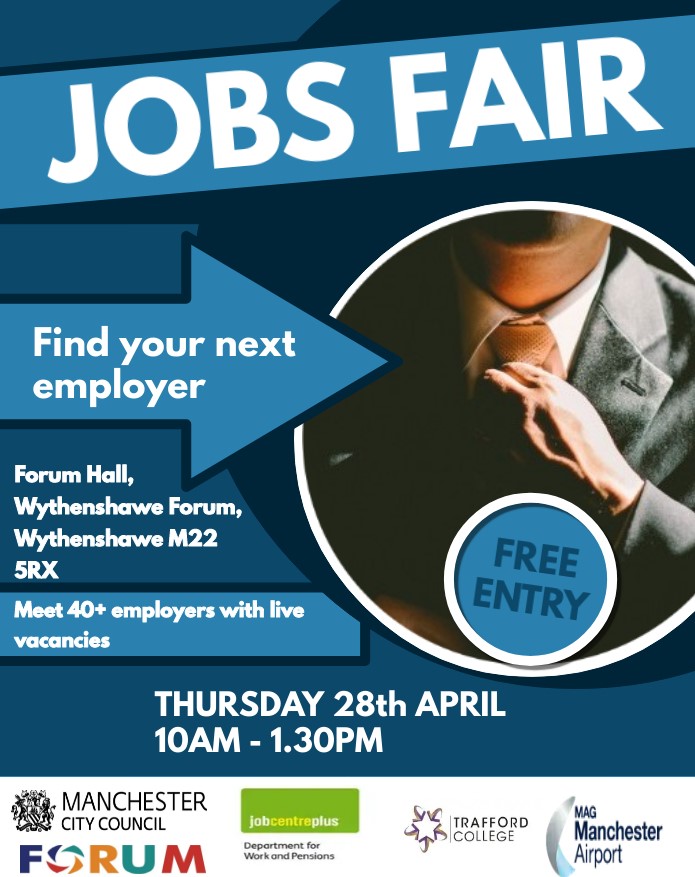 MCCWorkSkills's tweet photo. Looking for a new role to restart your career? Find your next employer at this Jobs Fair @ForumCentre in Wythenshawe on 28th April. Go along to meet employers offering a variety of roles  across a range of sectors #careers #Jobsfair  @JCPinManchester @manairport https://t.co/O2IQT1awoI
