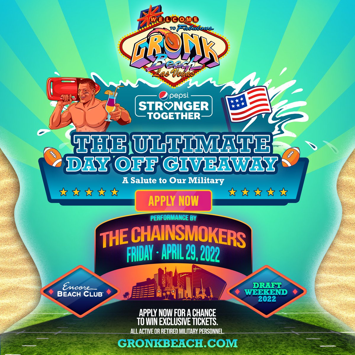 🇺🇸 We are proud to support “The Ultimate Day Off in Las Vegas Giveaway” as part of @GronkBeachLV on 4/29! Apply if you are active-duty U.S. military personnel, the U.S. military reserve, or a veteran for a chance to win @TheChainsmokers 🎟️ & get swag: bit.ly/3Jgxjsd