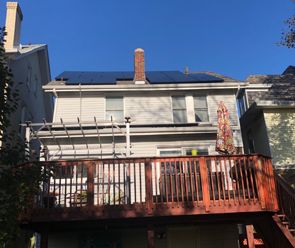 EISSolar's tweet photo. This new system in Brookline is a roof mount project with 24 REC Alpha Pure Black 400W panels. It is expected to produce over 10,420 kWh annually and offset their bill by 108%! #EISSolar #Brookline #SolarPanels #NEWSolar #RECGroup https://t.co/4GU2jBf6PQ