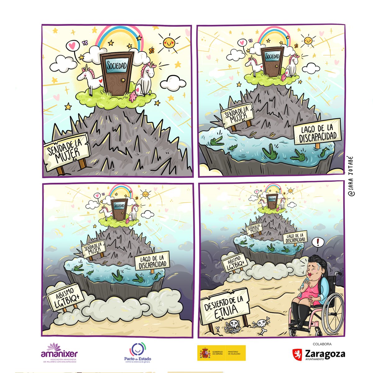 Hoy, por el día del #PuebloGitano, compartimos la tira de #cómic en la que vemos la suma de las desigualdades, incluida la etnia. Nuestra prota Saray lo sabe bien 👇