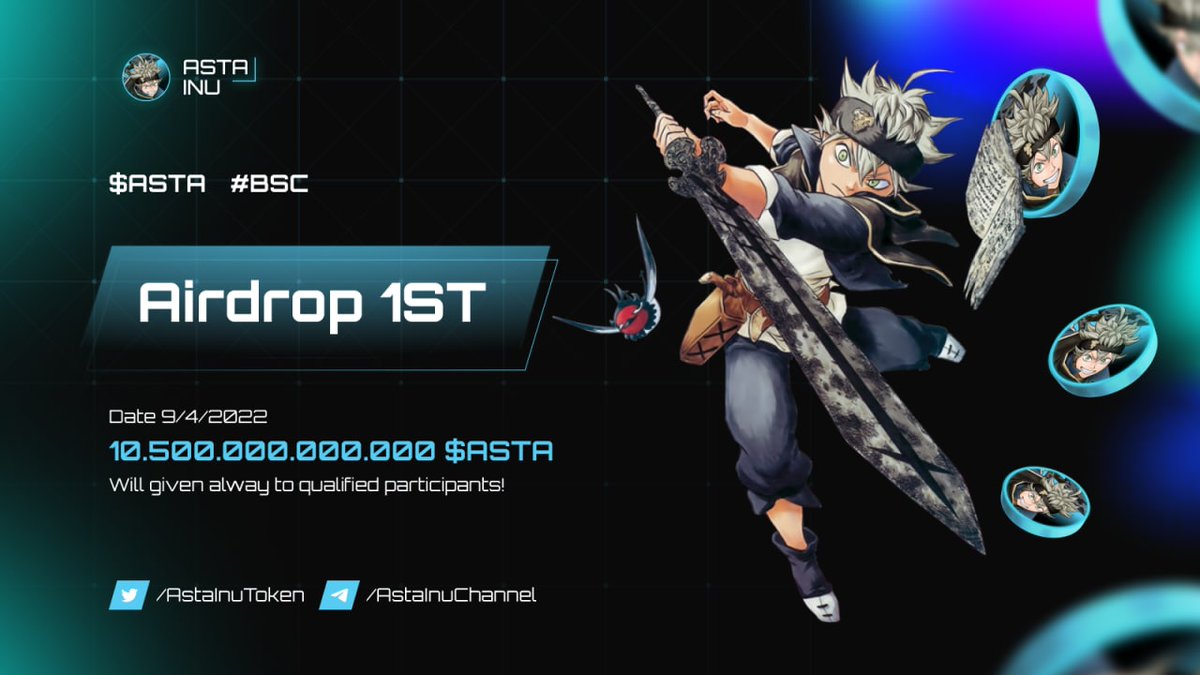 #Airdrop: Asta Inu (ASTA)
Prize Pool: $21,000 in ASTA
Reward: 2.5 billion ASTA ($5)
Referral: 1 entry
Winners: 1,800 random

Airdrop Link: gleam.io/B410m/asta-inu…

- Follow <a href="/AstaInuToken/">Asta Inu</a>
- Distribution date: 3 days after TGE

Website: astainu.io