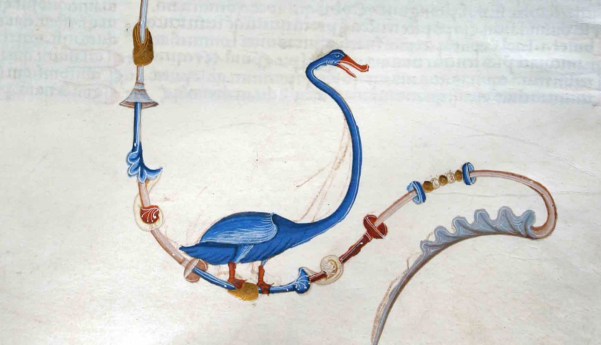 Detail from the margin of a medieval manuscript showing a blue goose with an extremely long neck and an angry expression. 