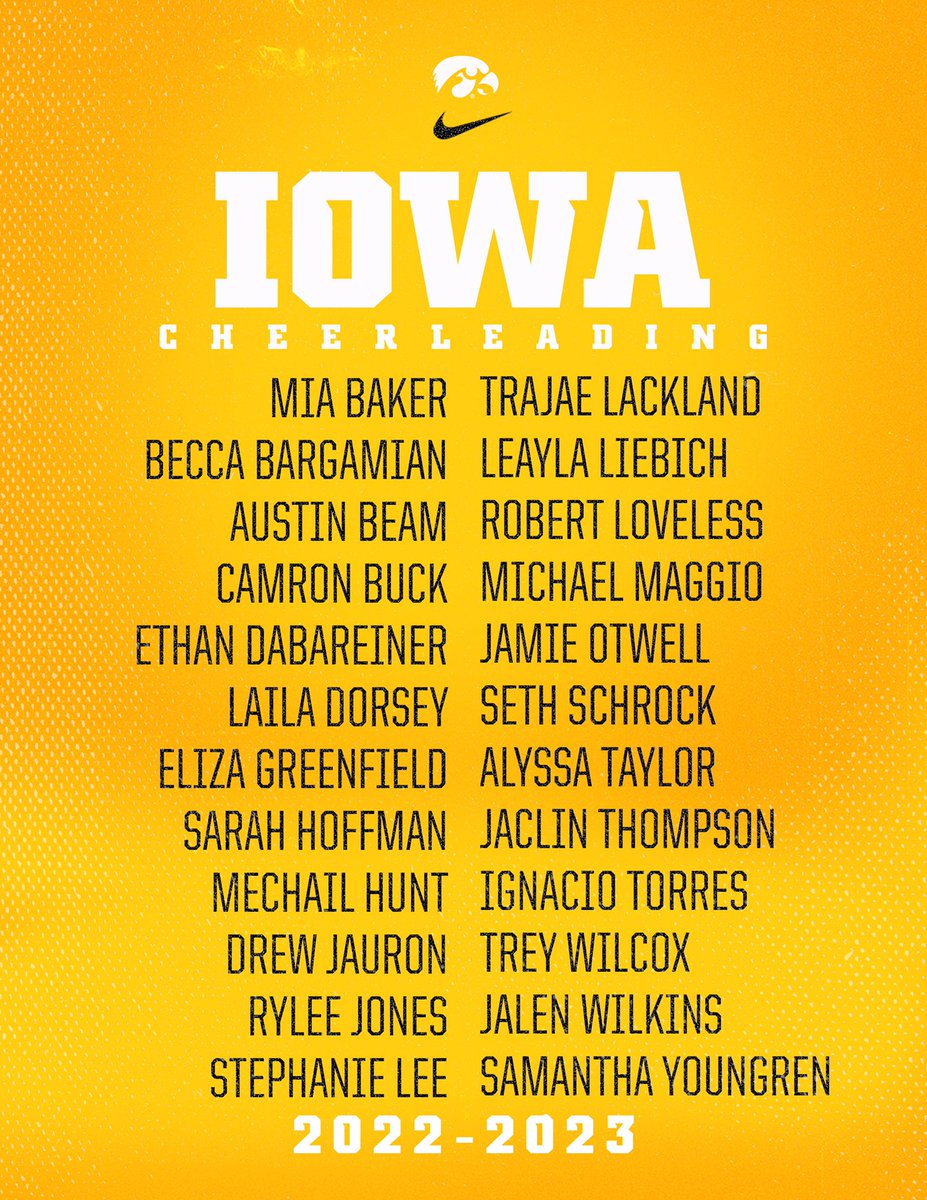 IOWACHEER's tweet photo. Welcome our 2022-2023 Iowa Cheerleaders! 🖤💛🖤💛 
Excited for a Great Year
#GoHawks #FightForIowa 
@TheIowaHawkeyes @uiowa https://t.co/lI2ZCoqAWd