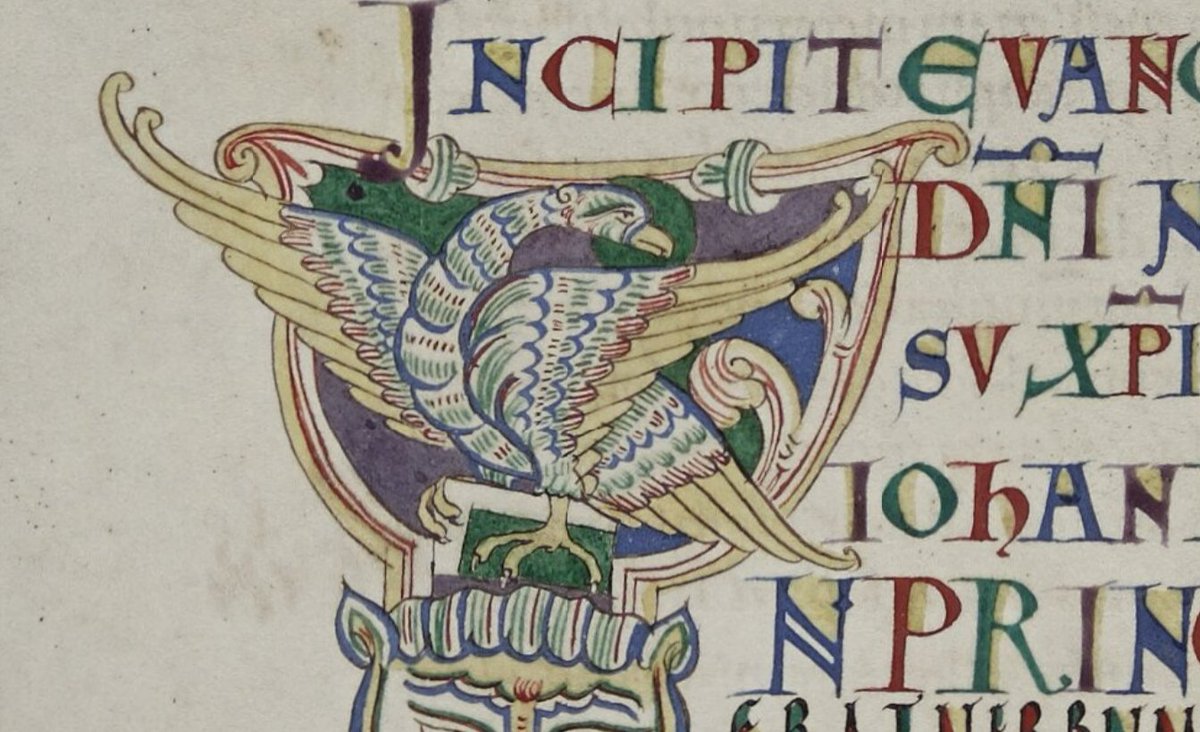 Detail from a medieval manuscript of a decorated initial letter containing an eagle with wings spread wide, drawn in blue, red, green and yellow ink.