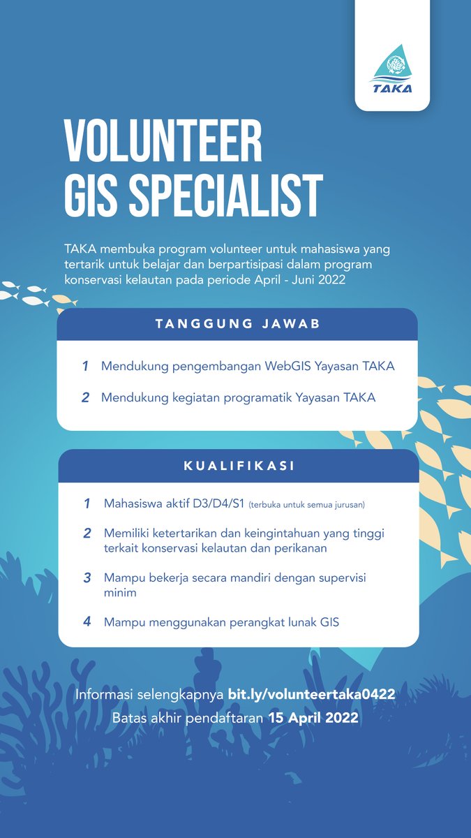 Lowongan #Volunteer GIS Specialist untuk periode April - Juni 2022. Informasi selengkapnya: taka.or.id/newsletter/vol… 🖥️🖱️