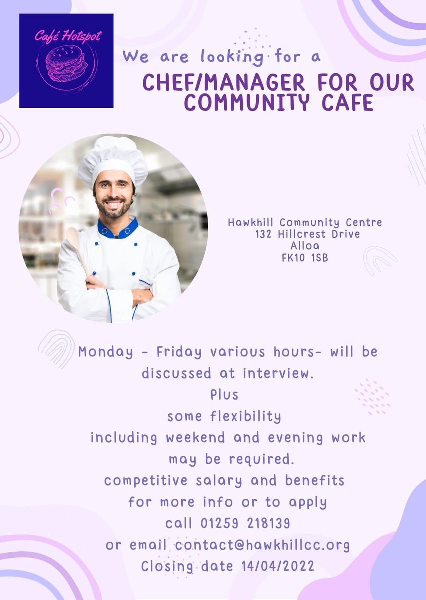 Great to work in a friendly wee community centre. Run the cafe, plan the menu and work with a great bunch of people. Details below