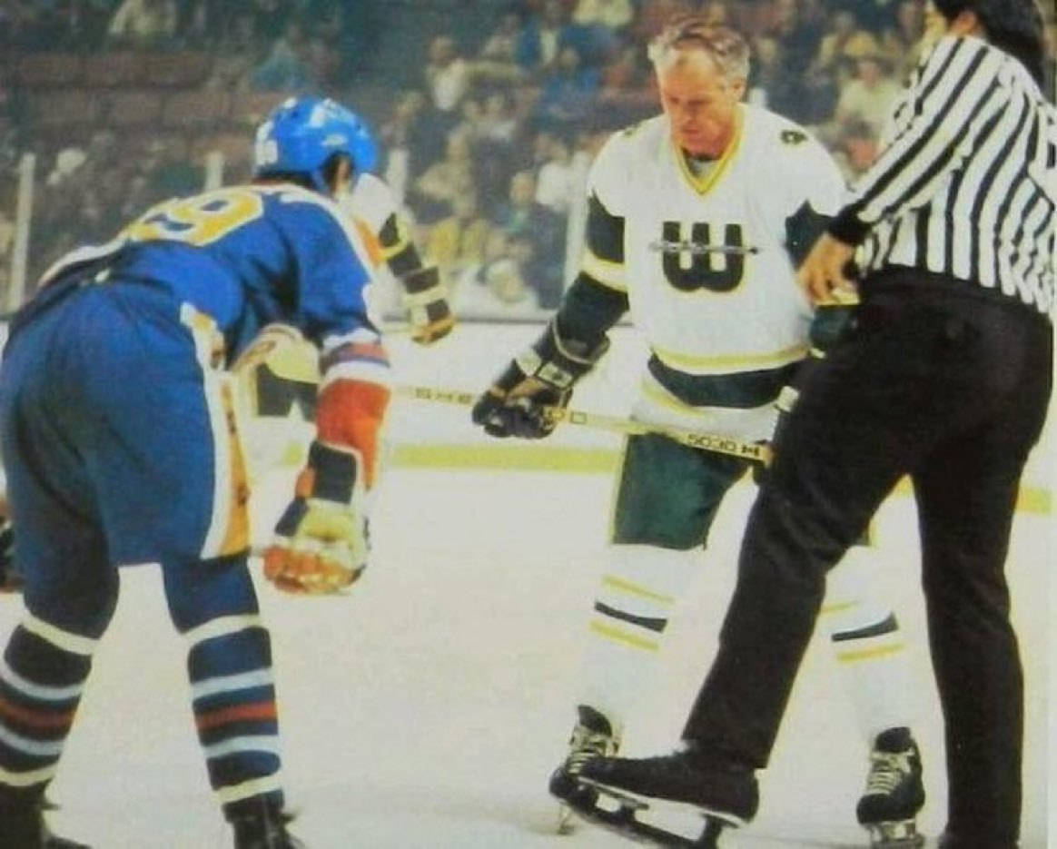 51-year-old Gordie Howe faces off against 18-year-old Wayne Gretzky.