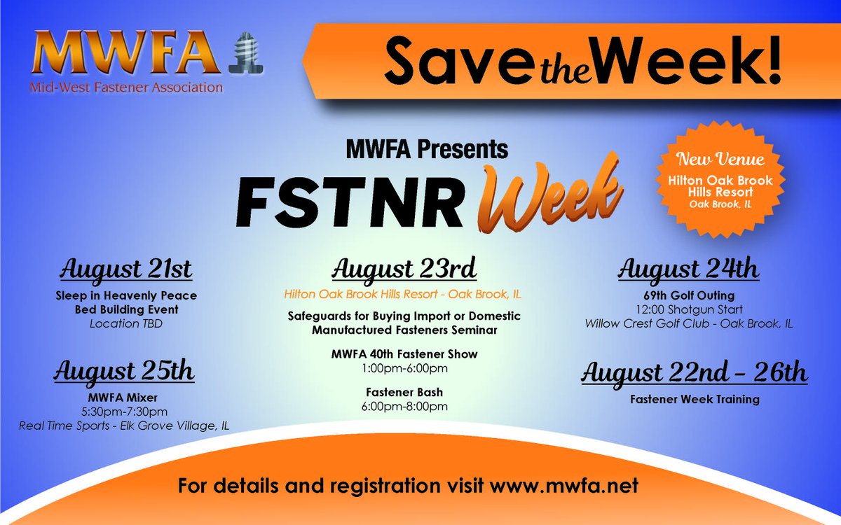 OfficialLinkMag's tweet photo. ➡️ SAVE THE WEEK! 
MWFA FSTNR WEEK is set for August 21-26 with an all new venue at the Hilton Oak Brook Hills Resort. Help build beds for children in need too! @MWFA_News @ShpBeds

Visit https://t.co/QqGMryrhbe for details &amp; registration!

#fasteners #fastenernews #FSTNRWEEK https://t.co/kqCqQ4AOU8