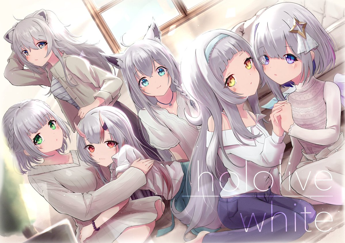 amane kanata ,murasaki shion ,nakiri ayame ,shirakami fubuki ,shishiro botan multiple girls horns animal ears grey hair oni horns looking at viewer long hair  illustration images