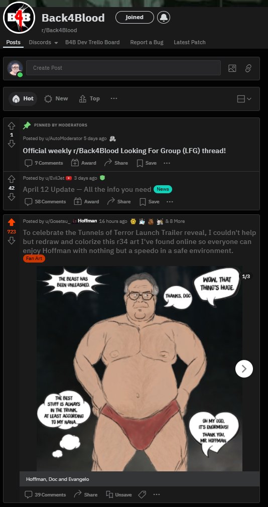 _Gosetsu's tweet photo. When you wake up and see #SpeedoHoffman being the hottest thing of Back 4 Blood Reddit community puts a smile on my face.
#Back4Blood #TunnelsOfTerror #B4BToT #HoffMuffin https://t.co/xibxpdI6IU