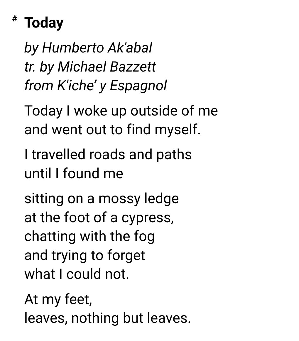 explorechat's tweet image. Today by Humberto Ak'abal

"I traveled roads and paths
until I found me."

link: explore.chairsandtables.org/post/680906011…, via @coppernickel