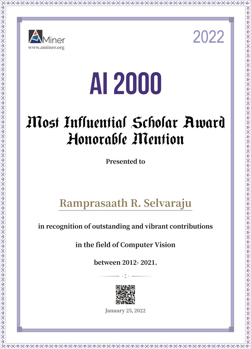 ramprs21's tweet photo. Extremely honored to have made the #AI2000 list of 100 most influential scholars in Computer Vision.
Thank you to all my past and present collaborators.
#AMiner #ComputerVision #AI
https://t.co/R0g4m6gc6R https://t.co/1M41DO7JLL