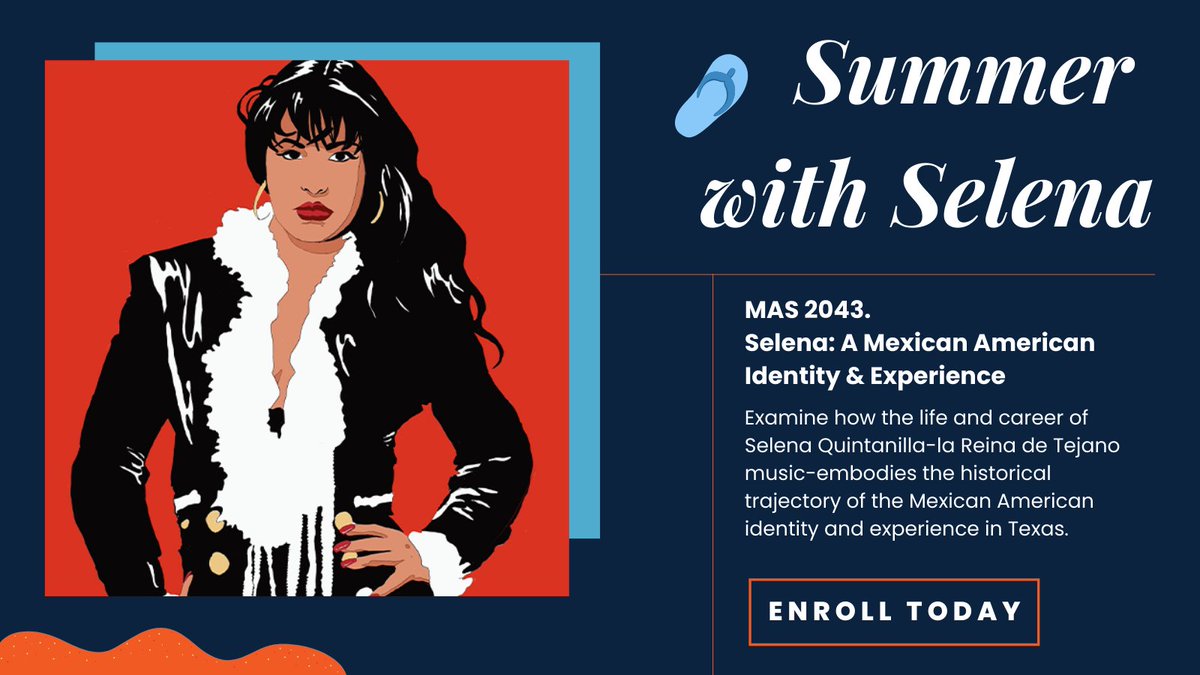 UTSACOEHD's tweet photo. Not sure what classes to take for the summer? Spend it with Selena! Search for MAS 2043 to sign up before seats fill up! 10 slots are also open for community members to audit the course. Register today: https://t.co/qI5DqiOWXS #utsasummer #selenaquintanilla https://t.co/v4EYzDCkv0