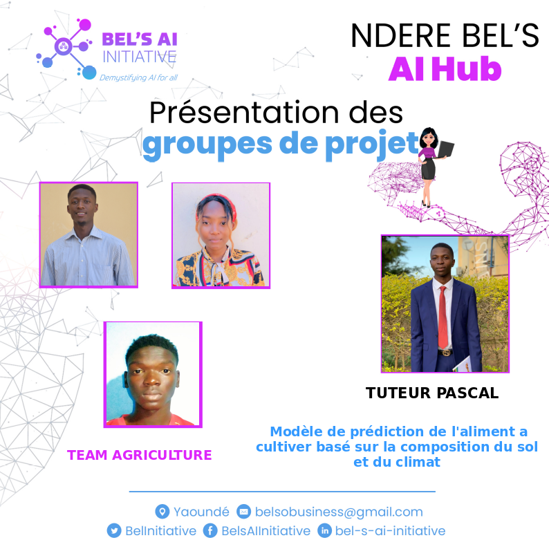 Where to plant what for better rentability? The Agriculture team proposes a model to predict which food to grow based on soil composition and climate. 
Dataset: kaggle.com/.../crop-recom… 
Supervisor: Tutor <a href="/LinjouomP/">Linjouom Alain Pascal</a> 
#AIforGood
#DemystifyingAIForAll
#belsaiInitiative
#AIinCameroon