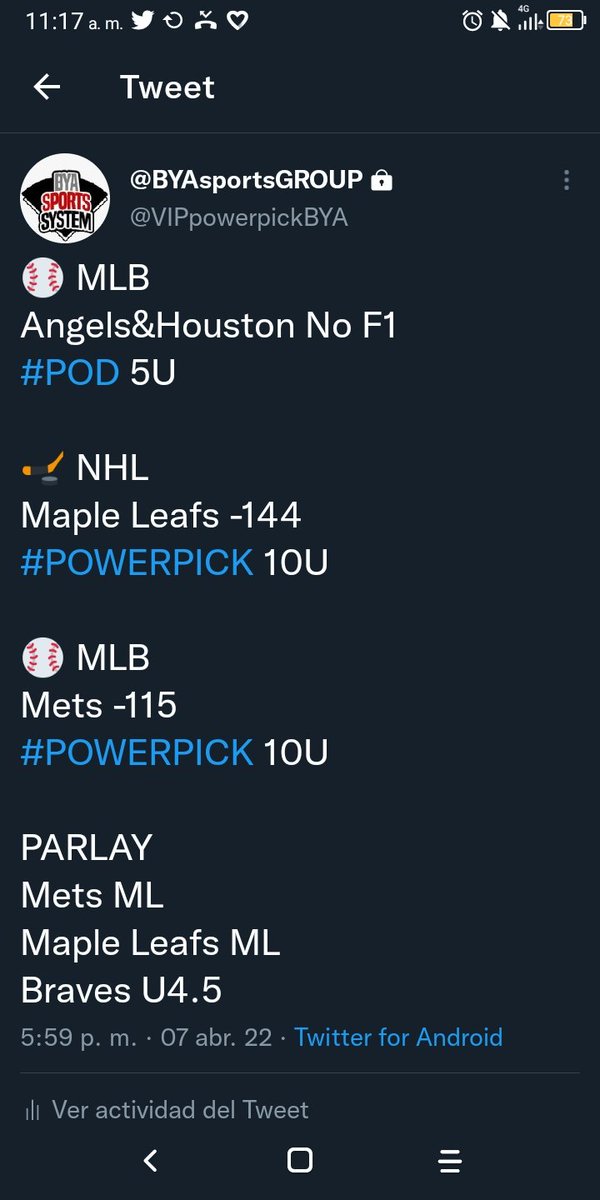 BYAsportsBET's tweet photo. MLB 10U &amp; 5U ✅✅✅

Win 💰💰💰💰

⚾ MLB
Angels&amp;Houston No F1✅
#POD 5U

🏒 NHL 
Maple Leafs -144✅
#POWERPICK 10U

⚾ MLB
Mets -115✅
#POWERPICK 10U

PARLAY
Mets ML✅
Maple Leafs ML✅
Braves U4.5✅

@PicksCity https://t.co/inKwqCj0Jj