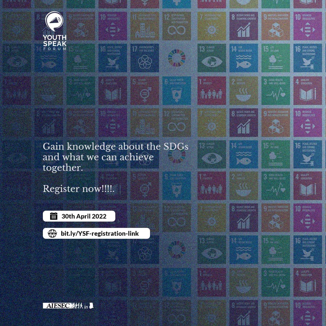 What are the Sustainable Development Goals?

Did you know that the 17 SDGs all have targets and proposed timelines to achieve milestones?

Youth Speak Forum is here for you

Share and register here: bit.ly/YSF-registrati…
Date: 30th April 2022

#YSF2022 #SDG9