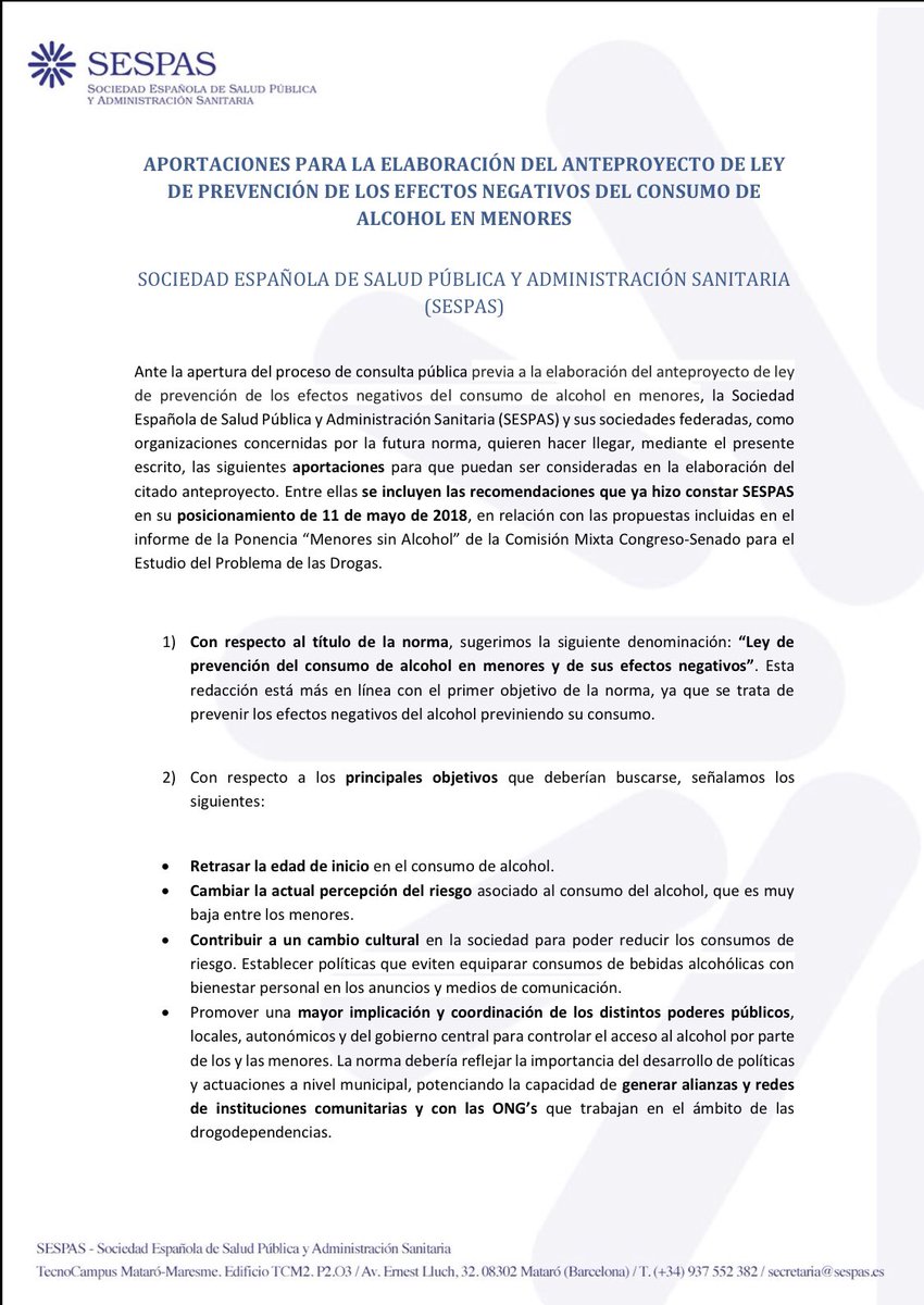 sespas's tweet photo. Remitimos aportaciones al #AnteproyectodeLey de prevención de consumo de alcohol en menores #MenoresSinAlcohol y sus efectos negativos @PNSDgob #CambioCulturalenlaSociedad #ImpulsoProgramasPreventivos #EnfoquePromociondelaSalud #InvestigacionyFormacion https://t.co/nOr0YDNbjr https://t.co/oVbE5nvIFM