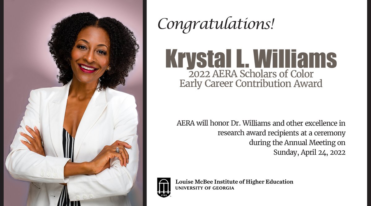 McBeeIHE's tweet photo. The @UGA_IHE congratulates Dr. @KrysLWilliams for the 2022 AERA Scholars of Color Early Career Contribution Award, recognizing her work on ed policy &amp; equity issues (@EdPolicyEquity)! We look forward to more success as you bring exciting research, courses &amp; mentorship to #MIHE. https://t.co/MYGa78ah1V